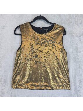 Massimo Dutti Blouse Womens M Gold Round Neck Sleeveless Sequin Party Top